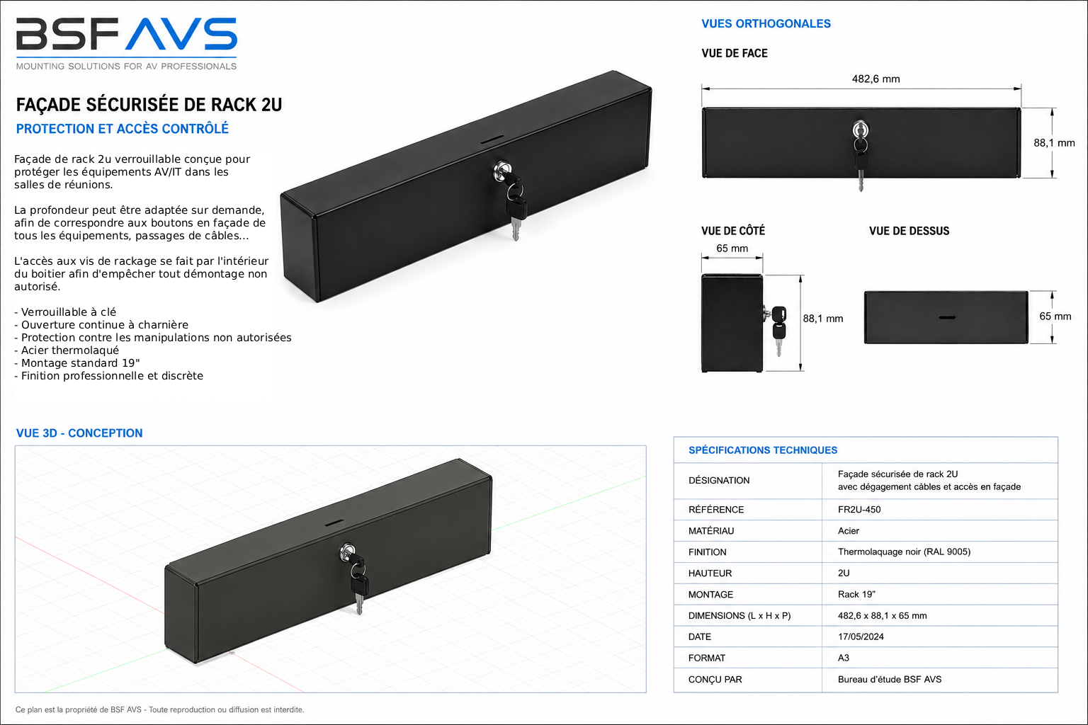 Fiche technique d’une façade sécurisée de rack 2U BSF AVS avec vue 3D de conception